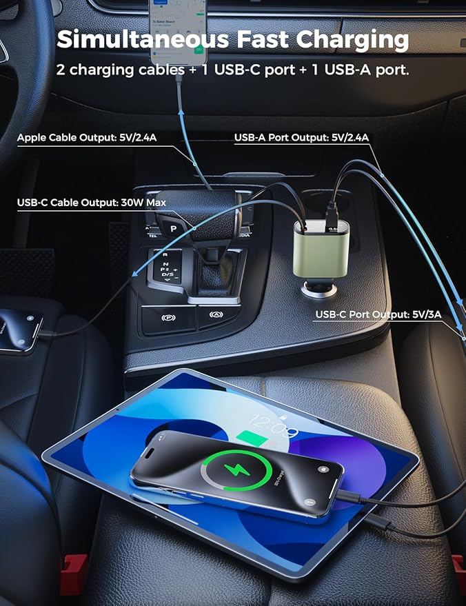 SUPERONE 5 in 1 Retractable Car Charger with Dual Type C Cables, 90W Fast Charging USB C Car Accessories Adapter for iPhone 17/16/15/14/13/12, iPad, Galaxy, Pixel
