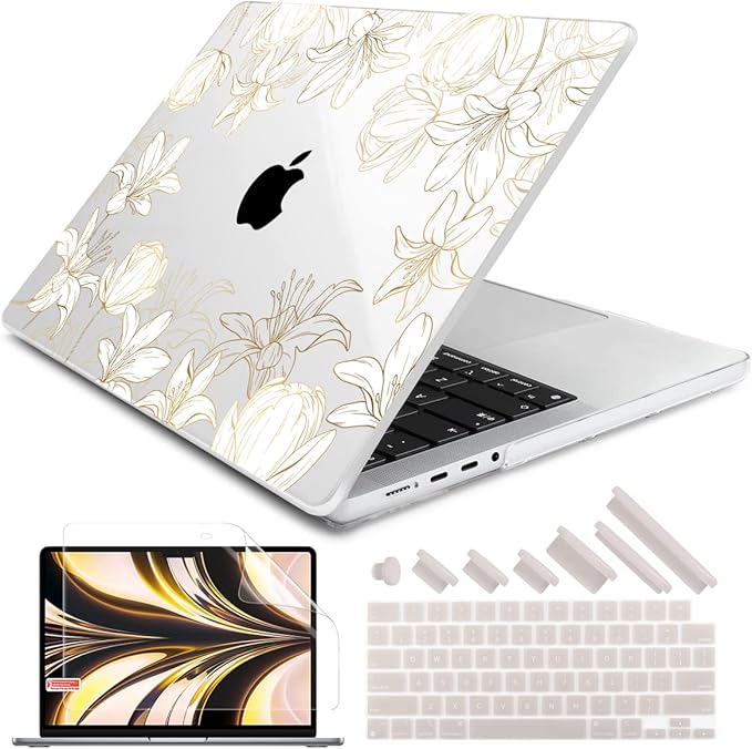 DONGKE Compatible with MacBook Pro 16 Inch Case (2026-2021 Release, M5 M4 M3 M2 M1 Pro/Max Chip), Plastic Hard Shell Cover with Keyboard Cover & Screen Protector for MacBook Pro 16", Gold Floral