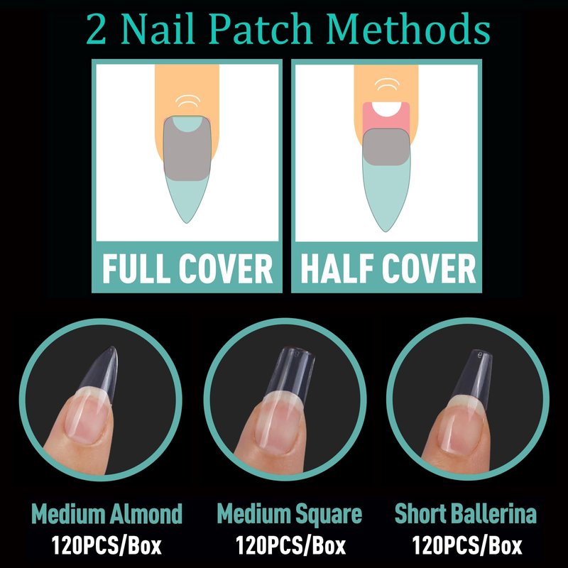 Soft Gel False Nail Tips 3 Styles Kit - Medium Almond, Square and Ballerina, 360PCS Pre-shaped Half Matte Full Cover Acrylic Nail Tips, Nail Extension DIY Manicure Salon Home, 12 Sizes,BlueZOO