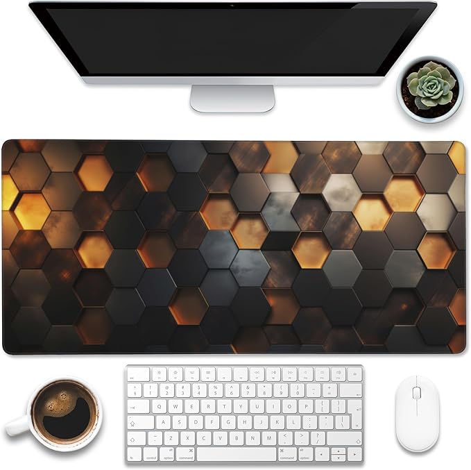 Eflxamz Desk Mat - Golden Honeycomb Technology Large Gaming Mouse Pad With Non-Slip Base and Stitched Edge, Extended Big Computer Keyboard Pad, 35.4"x15.7"