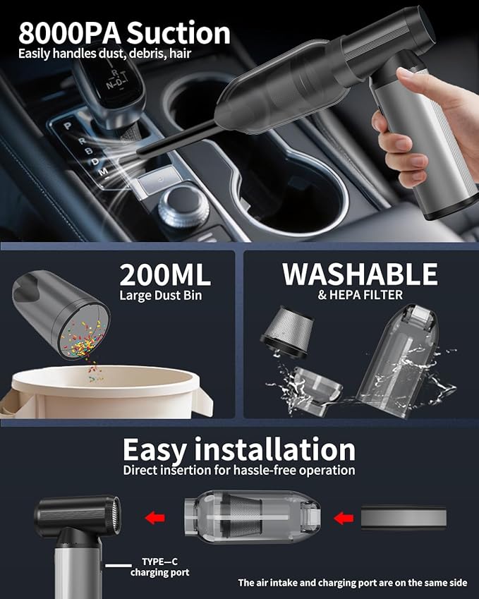 BOBYE Compressed Air Duster, 2-in-1 Blower & Vacuum, 180000RPM Cordless Air Duster with Fast Charging, 3-Gear Adjustable Mini Blower for Keyboard, PC, Car, and Home Cleaning