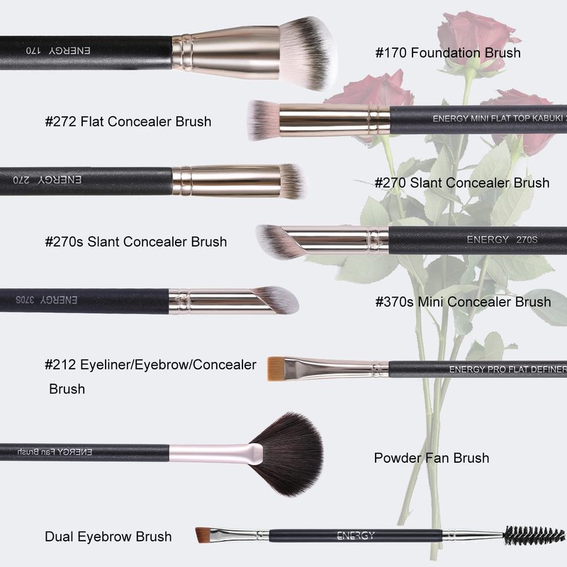 ENERGY Makeup Brushes Premium Synthetic Foundation Powder Concealers Eye Shadows Mascara Eyeliner Brow Fan Blush Makeup Brush Set with PU Cosmetic Bag,Professional Make Up Kit Black 8 Pcs