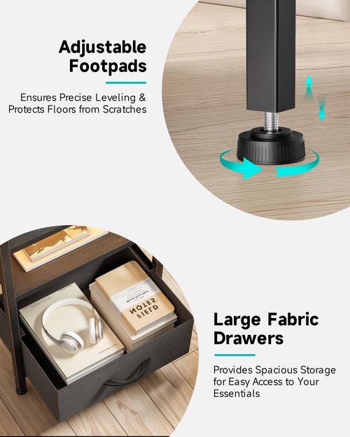 Lazzanto Night Stand Bedside Charger Bedroom - Nightstand with Charging Station & LED Light Strip, Night Stand with Storage Shelf & 2 Fabric Drawers, Morden End Table with U-S-B Ports & AC Outlets