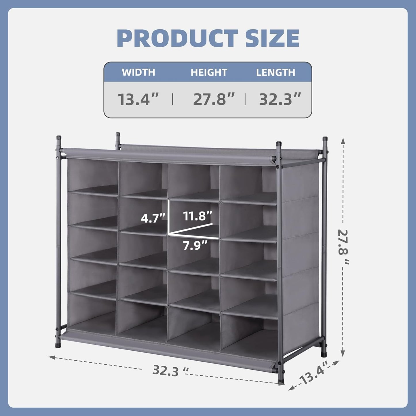 Storage Maniac Stackable Shoe Cubby Organizer - 20-Cube Free Standing Rack for Entryway & Closet | Gray