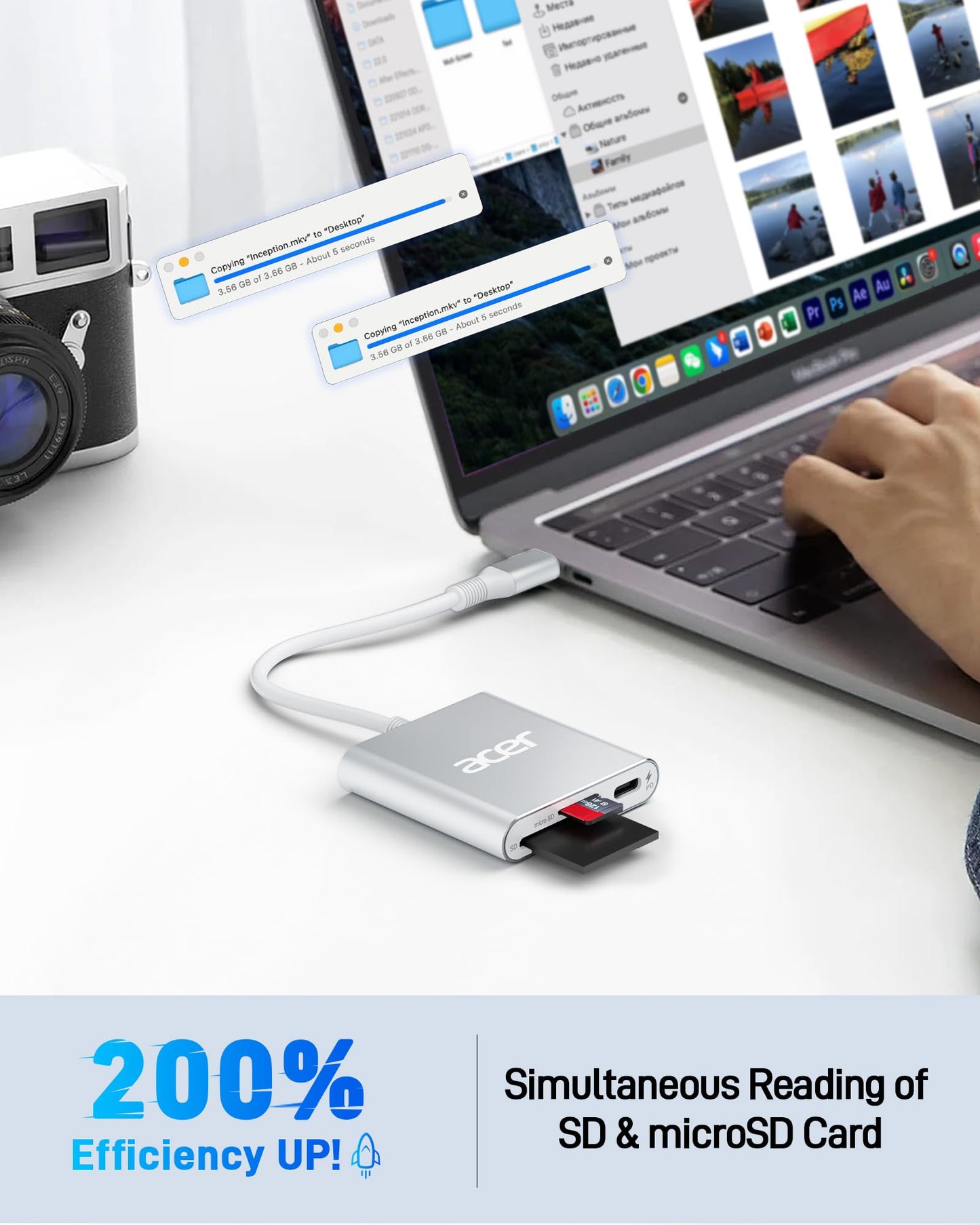 Acer SD 4.0 Card Reader, UHS-II Micro SD Reader USB C, Dual Slot Type C Memory Card Adapter with 100W PD Port for MicroSD SDXC SDHC UHS-II & UHS-I for iPhone 15/16, Laptop, MacBook(Silver)