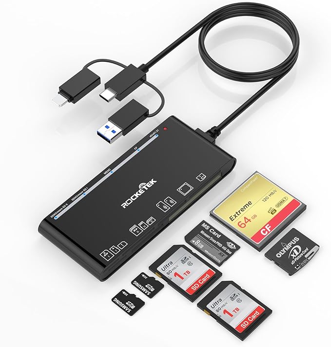 USB C Lightning USB3.0 Multi Card Reader for SD CF XD MS Micro SD TF, 7 in 1 Memory Card Reader Adapter Hub for iPhone/iPad/MacBook/Samsung, for Windows, Mac OS, iOS, Linux, Android