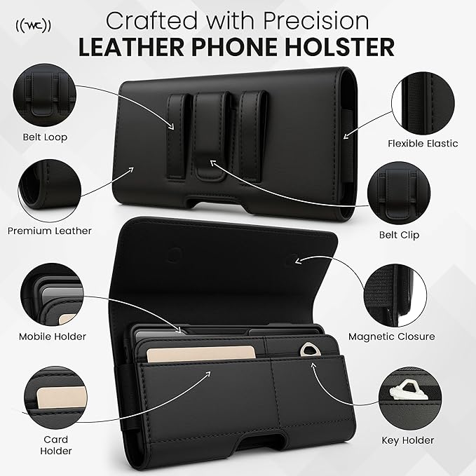 Wireless City XL Leather Phone Holster for Men Horizontal Belt Clip & Loop Phone Pouch with Card Holder, Magnetic Closure, Fits iPhone 17/16/15 Pro Max, S25 Ultra, Pixel 9 Pro XL