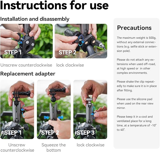 TELESIN Super Clamp Camera Mount with 360° Dual Ball Head, Bike/Bicycle/Motorcycle Handlebar Mount for GoPro Mission 1 PRO/DJI Osmo Pocket 4 3/ DJI Action 6 5 4/ Insta360 Luna Ultra/Xtra Muse Camera