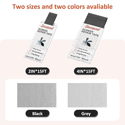 Secopad Black Screen Repair Tape, 4" X 180" (15FT) Window Screen Door Repair Kit, Strong Adhesive Fiberglass Patch Tape Mesh