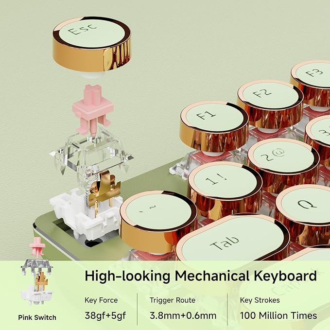 EWEADN Wired Typewriter Mechanical Keyboard, Low Noise Retro Punk Keyboard with Media Knob, White Backlit, Metal Panel, 104-Key Round Keycaps gaming Keyboard for Windows PC, Pink Switch, Green