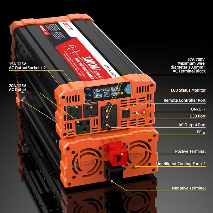 BELTTT 3000W Pure Sine Wave Inverter 12V DC to 120V AC for Solar, Off-Grid, RV, Truck, Home, Power Inverter with Dual AC, 20A Socket, 5V 2.1A USB, Hardwire Port, Remote Controller 23Ft Cable