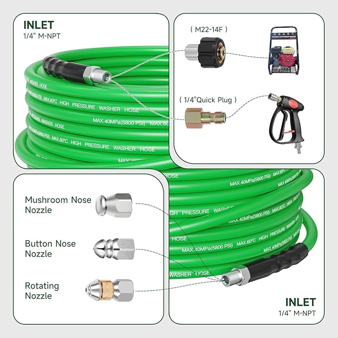 Sewer Jetter Kit for Pressure Washer 200FT â 5800PSI High-Pressure Drain Cleaner, M22 & 1/4'' NPT Universal Fit, Unclog Gutters & Sewer Lines, Durable Jetter Hose for Homeowners & DIYers (200FT)