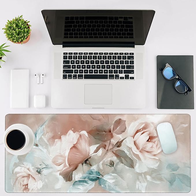NIYLYNSYN Mouse Pad Large Rose and Leaves Non-Slip Game Desk Mat with Stitched Edge Laptop Keyboard Desk Pad for Work Home Gaming (35.4 x 15.7 Inches)