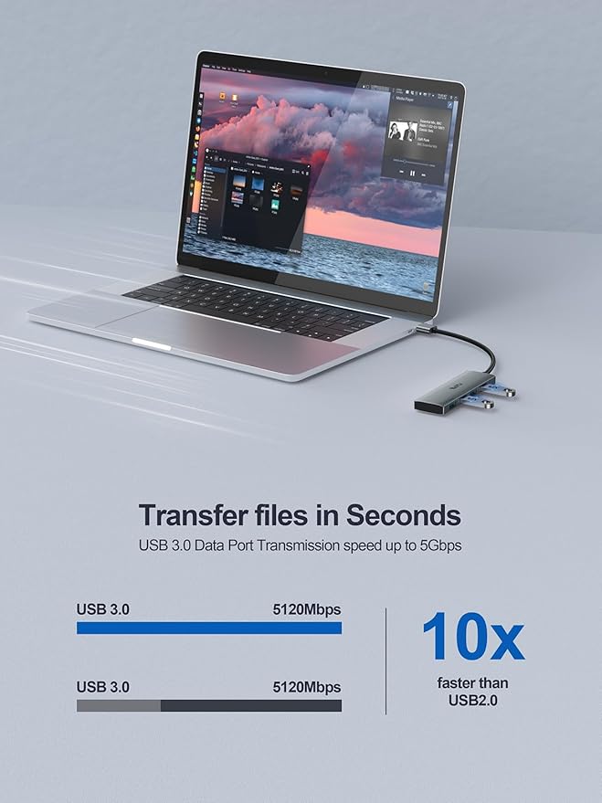 USB 3.0 Hub, 4 Port USB Hub Splitter, USB A Expander Portable USB Adapter Multiport Data Hub for Laptop, iMac Pro, MacBook Air, Mac mini/Pro, Surface Pro, USB Flash Drives, and Mobile HDD-Grey