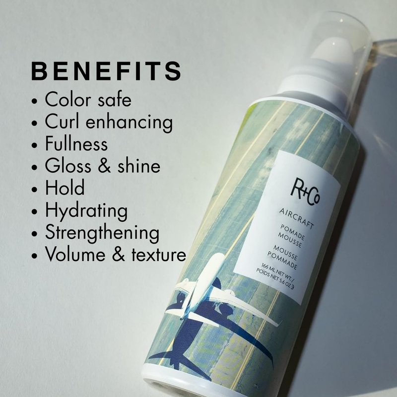 R+Co Aircraft Pomade Mousse - Lightweight Non-Sticky Styling Foam for Texture, Volume & Definition - Anti-Frizz Heat Protectant for Lived-In Hair - Any Hair Type - Vegan & Paraben-Free - 5.6oz