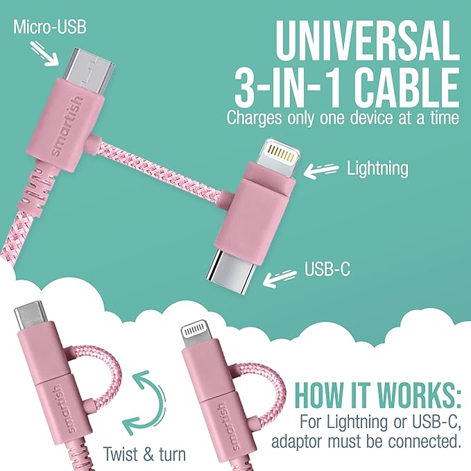Smartish USB-C/Lightning Cable 17/16/16e/15/14 - Crown Joule - 6 Foot Universal Fast Fabric Wrapped Charging Cable w/Micro-USB - MFi Certified 13/12/SE/iPad/AirPods/Android - Pink