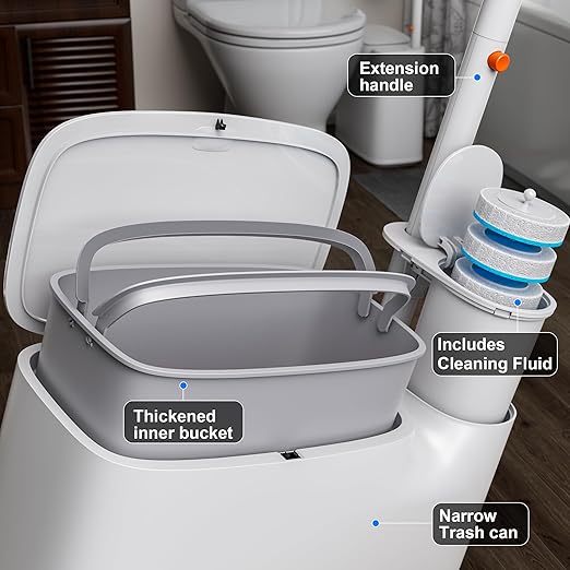 White Plastic Mini Trash Can, Toilet Cleaner Stick, Toilet Brush Holder, 36 Refills and 5 Rolls of Trash Bags, 2-Gallon Trash Can with Pop-Out Lid, Suitable for Bathrooms and Small Toilets.