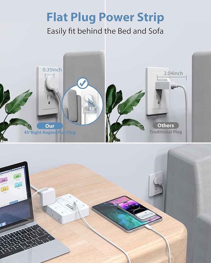 Power Strip 20ft Extension Cord,SMNICE Flat Plug with 12 Outlets 6 USB(2 USB C),Power Strip Charging Station with Overload Protection for Home, Dorm,Office