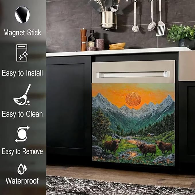 Mountain Landscape Kitchen Decor Dishwasher Magnet Cover Decal, Highland Cattle Sunset Scene Magnetic Dish Washer Panel Door Vinyl Sticker, Refrigerator Magnets,Easy to Clean, 23 x 26 inch