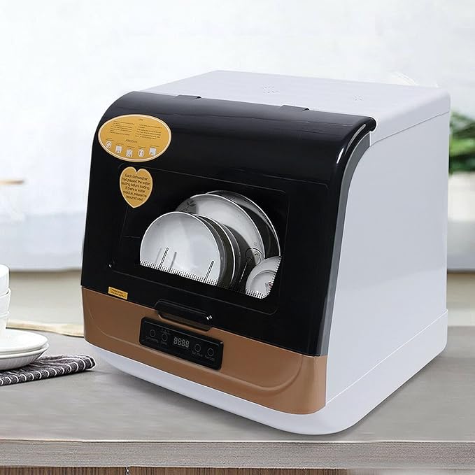 Countertop Dishwasher Kitchen Mini Portable Dish Bowl Washer Tabletop Automatic Dishwasher Deep Cleaning for Home, Apartment, RV (White & Black)