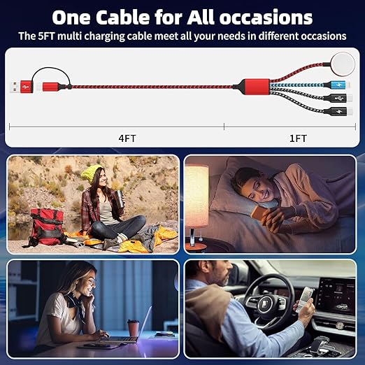 Travel Essentials Dual Type-C Port 4 in 2 Multi Charging Cable for iWatch Charger/iPhone 17/IP, Cruise Vacation Camping Essentials 2026 for iWatch 11-2/Ultra,iPhone 17-8, GalaxyS26-S21,Car -2Pack,5FT