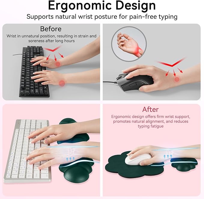 Sushret Cloud Wrist Rest for Computer Keyboard, 4-in-1 Memory Foam Leather Cloud Keyboard Wrist Rest and Mouse Pad Set with Ergonomic Support for Arm and Palm Cushion, Gaming/Work Setup, Dark Green