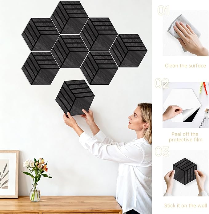 Mollywell Acoustic Panels, PVC Wood-Grain, 14x12 Inch Hexagon Carved Sound Proof Wall Tiles, Self-Adhesive High Density Felt for Home Theater/Studio/Office Echo Reduction, 12 Pack Black Oak,TW4