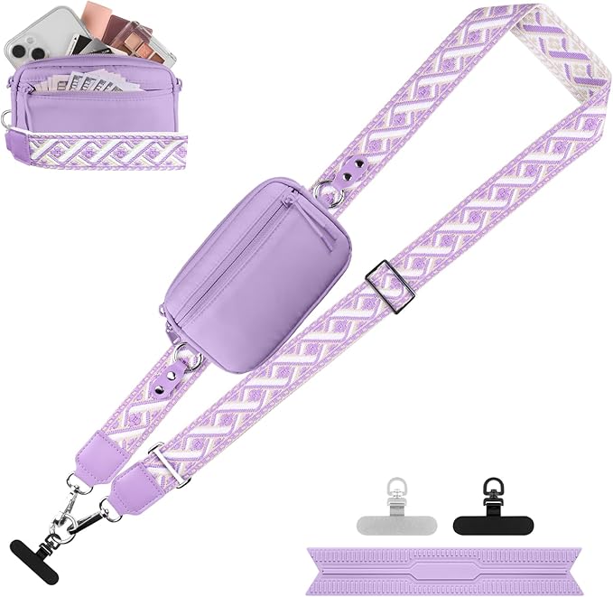 YFWE Clip and Go Strap for Phone with Wallet Crossbody, Adjustable Phone Lanyard with Detachable RFID Wristlet Wallet, Pattern Strap, Purple (M)