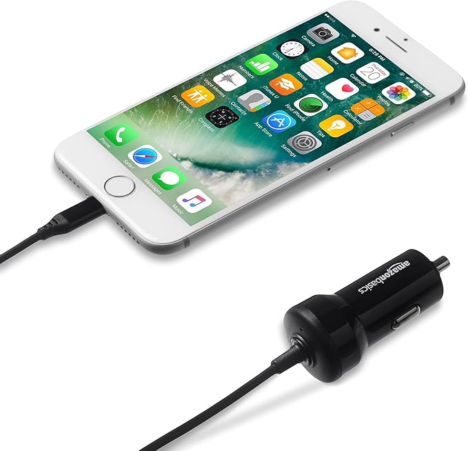 Amazon Basics MFi Certified 12W (5V, 2.4A) Car Charger with Lightning Cable for iPhone and Apple Devices, 3 ft, Black