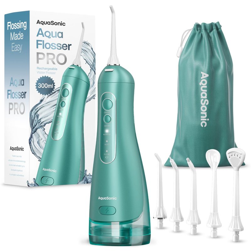 AquaSonic Aqua Flosser PRO - Rechargeable Electric Cordless Water Flosser for Teeth, Gums & Tongue - Waterproof Modern Design, 300ml Large Tank, 3 Modes, 6 Jet Tips, Deluxe Tongue Nozzle - Green