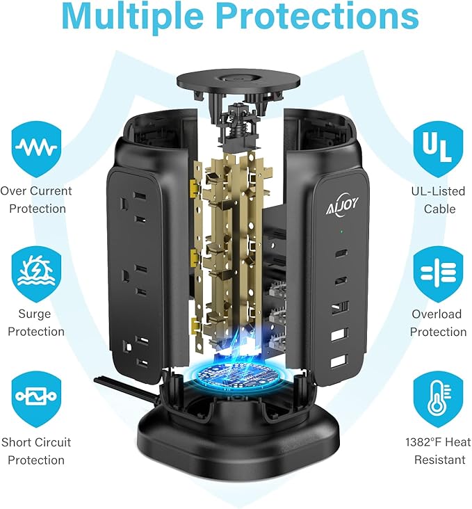 AiJoy Flat Plug Power Strip Tower with 9 AC Outlets and 5 USB Ports