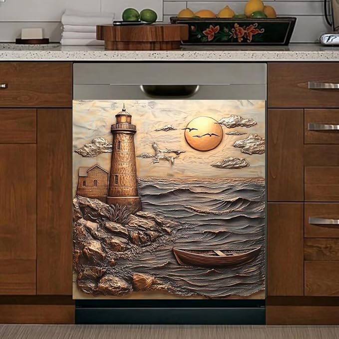 Lighthouse Ocean Scene Kitchen Decor Dishwasher Magnet Cover Decal, 3D Embossed Coastal Sunset Magnetic Dish Washer Panel Door Vinyl Sticker, Refrigerator Magnets,Easy to Clean, 23 x 26 inch