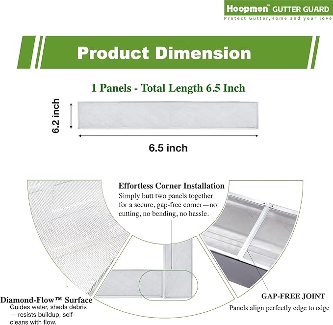 Gutter Guard â 100% Stainless-Steel Micro-Mesh Design, Pine Needle & Small Debris Protection, Fits 6 in KâStyle & HalfâRound Gutters, DIY Screws Included (6in Sample - 1 Panel)