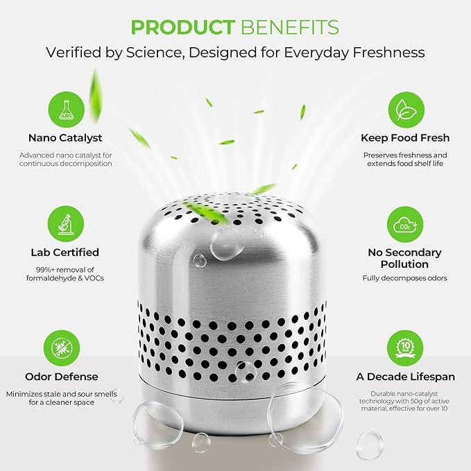 Refrigerator Deodorizer & Odor Eliminator - Lasts 10 Years, Multi-Purpose Air Purifier for Fridge, Closet, and Car - Outperforms Baking Soda & Charcoal (1 Pack)