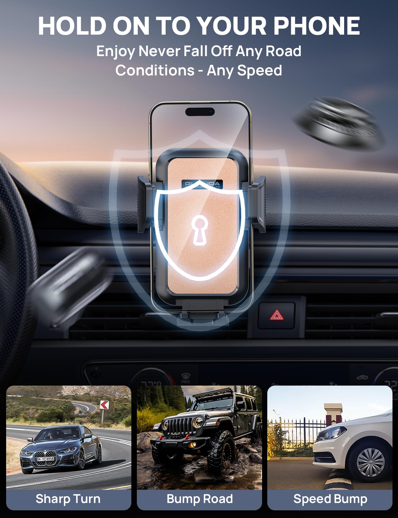 2026 Ultimate Car Phone Holder Mount (+Air Vent Clip) [Military Grade Stable], 360° Rotatable Suction Cup Car Phone Mount for Dashboard Windshield ,Truck Cradle Stand for iPhone 17 16 Pro Max Samsung