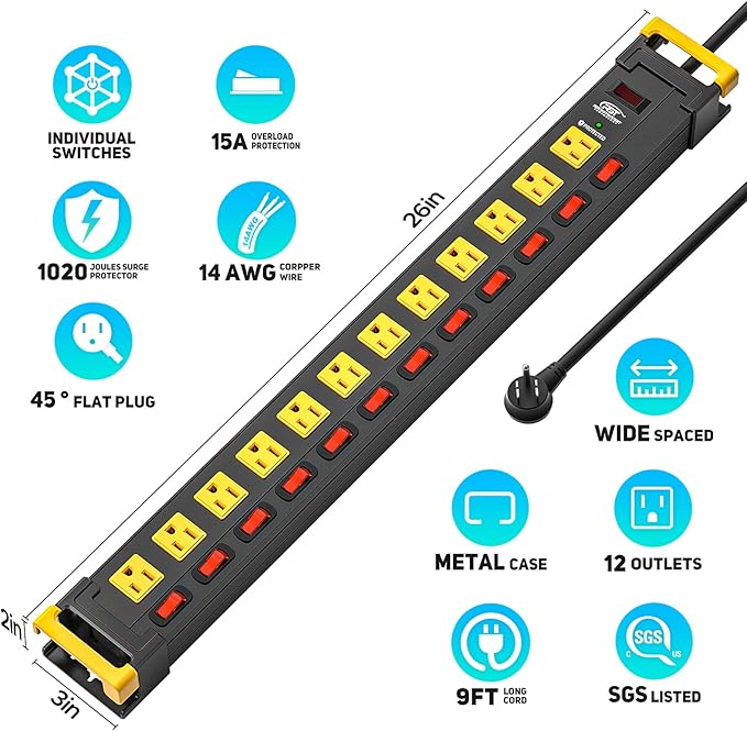 CRST 12-Outlet Heavy Duty Metal Power Strip with Individual Switches, Wide Spacing for Bulky Plugs, 9FTCord with Cable Management, 1020J Surge Protector for Garage, Workshop, Home (15A/1875W)