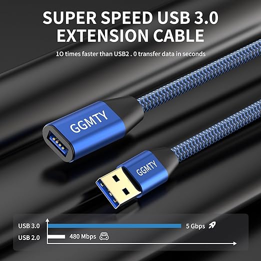GGMTY USB 3.0 Extension Cable 1.5FT, Type A Male to Female Extender Cord, 5Gbps High Speed Data Transfer with 24/28 AWG Copper, Blue-Black Braided Short Sync Wire for Laptop, Flash Drive, PC, Car