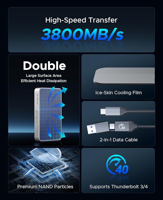 ORICO 2TB USB4.0 Portable SSD 3800MB/s(40Gbps), Ultra-Fast External Solid State Drive, Compatible with Thunderbolt 3/4, USB4, Fanless Aluminum Design, Works with Mac and PC-X40