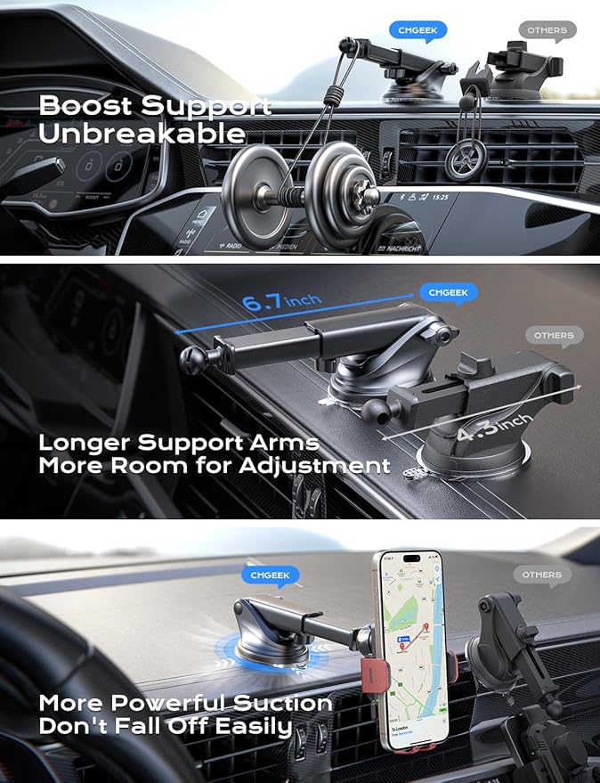 CHGeek Wireless Car Charger, 15W Fast Charging Auto Clamping Car Charger Phone Mount Phone Holder fit for iPhone 15 14 13 12 11 Pro Max Xs, Samsung Galaxy S24 Ultra S23 S22 S21, S20, S10+, Red