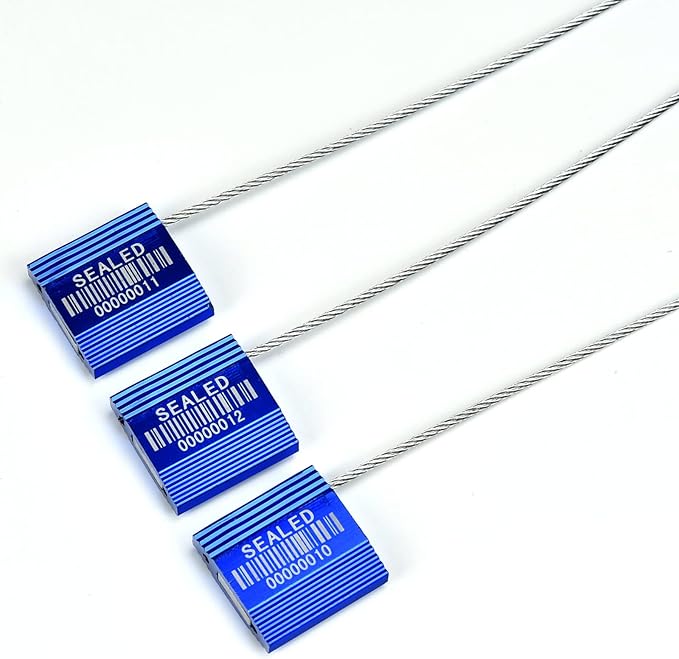 LeadSeals 100 Blue Steel Cable Seals with Barcode - High Security Numbered Truck Seals - Anti-Tamper Pull Tite Self-Locking Safety Ties - ISO 17712