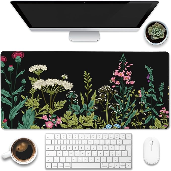 Eflxamz Large Gaming Mouse Pad for Desk,Wildflowers Night Desk Mat,Wild Floral Flower Desk Pad,Extended Big Computer Keyboard Mouse Pad with Non-Slip Base and Stitched Edge,35.4"x15.7"