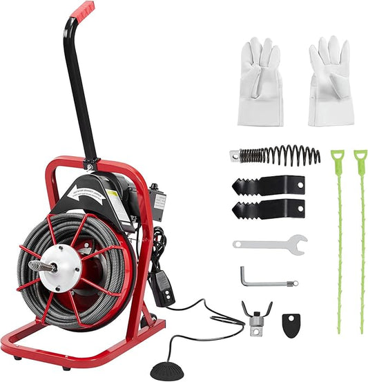 75 ft 1/2 in Electric Drain Cleaner Machine Auto Feed Drain Auger for 1 to 4 in Pipes Professional Sewer Snake with 4 Cutters Gloves Heavy Duty Clog Remover