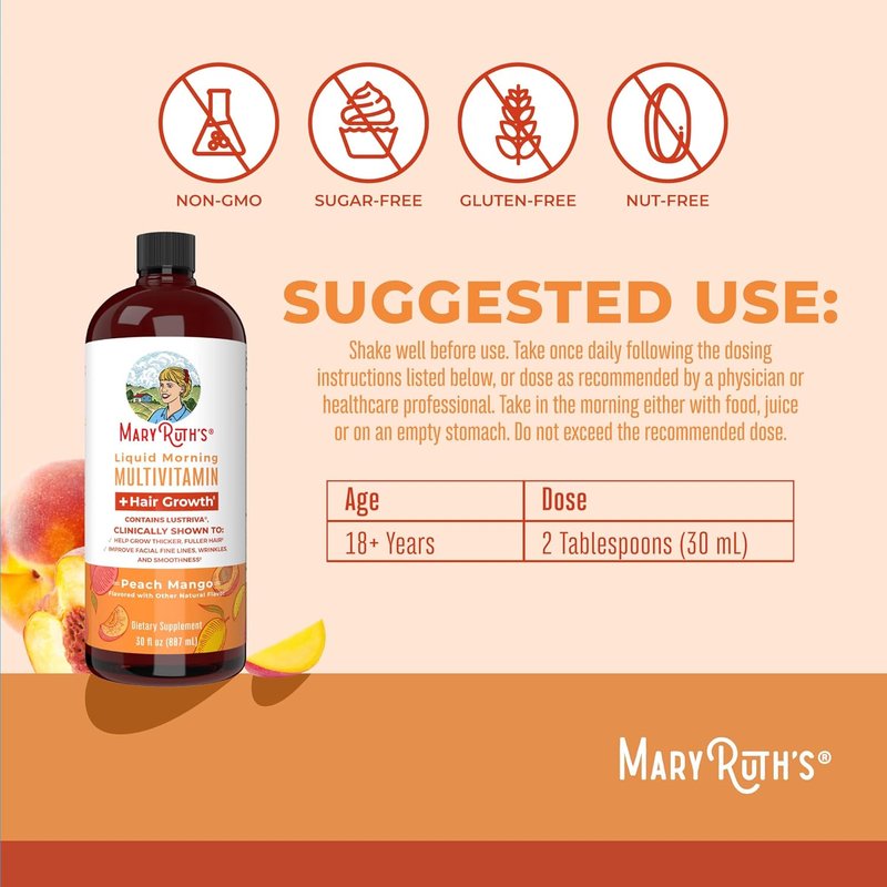 MaryRuth's Liquid Morning Multivitamin - Hair Growth & Iron Supplement | Vegan, Non-GMO, 30oz