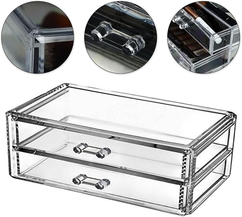 Acrylic Makeup Organizer - 2 Drawer Transparent Storage Box for Jewelry & Cosmetics | Dustproof Vanity Display