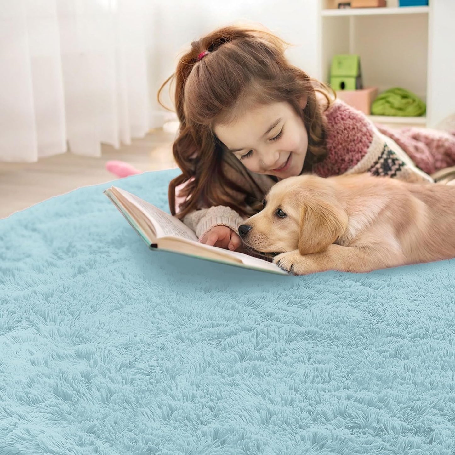 OLANLY Round Light Blue Area Rug - Soft, Fluffy, Machine Washable 9 ft Circle Carpet for Bedroom & Nursery Decor