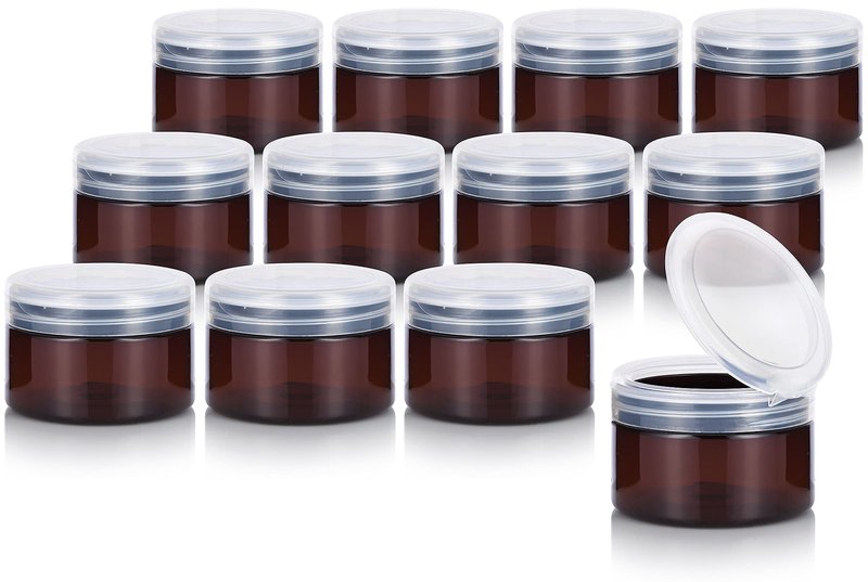 (12 pack) 4 oz Amber PET Plastic Low Profile Jar with Clear Natural Flip Top