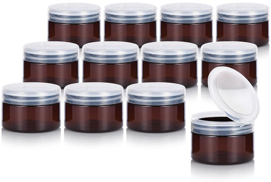 (12 pack) 4 oz Amber PET Plastic Low Profile Jar with Clear Natural Flip Top