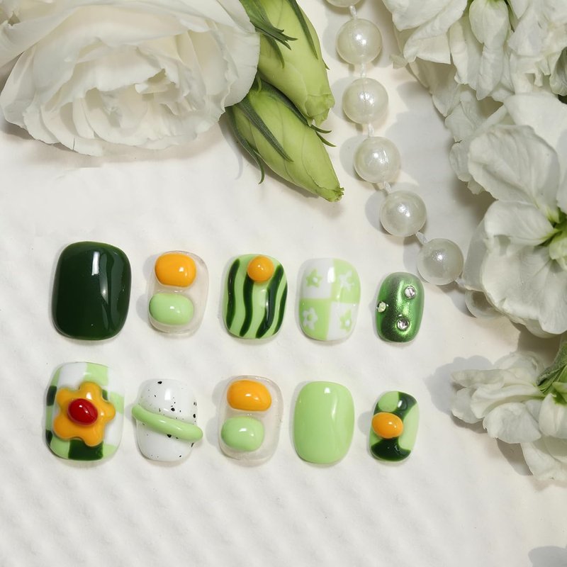 Short Press On Nails - Avocado Color Fruit Nail Art | Handcrafted Reusable Manicure Set for Women