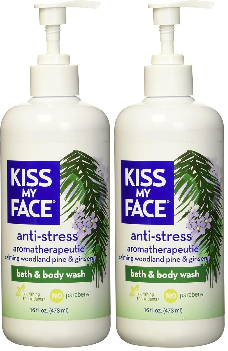 Kiss My Face Anti-Stress Shower Gel - Woodland Pine & Ginseng | Antioxidant Blend, 16 fl oz (Pack of 2)