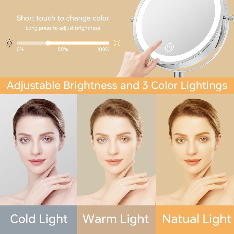 Lighted Makeup Mirror - Height-Adjustable 1X/20X Magnification | 360° Swivel, Dimmable 3 Color Options, Perfect Gift for Women